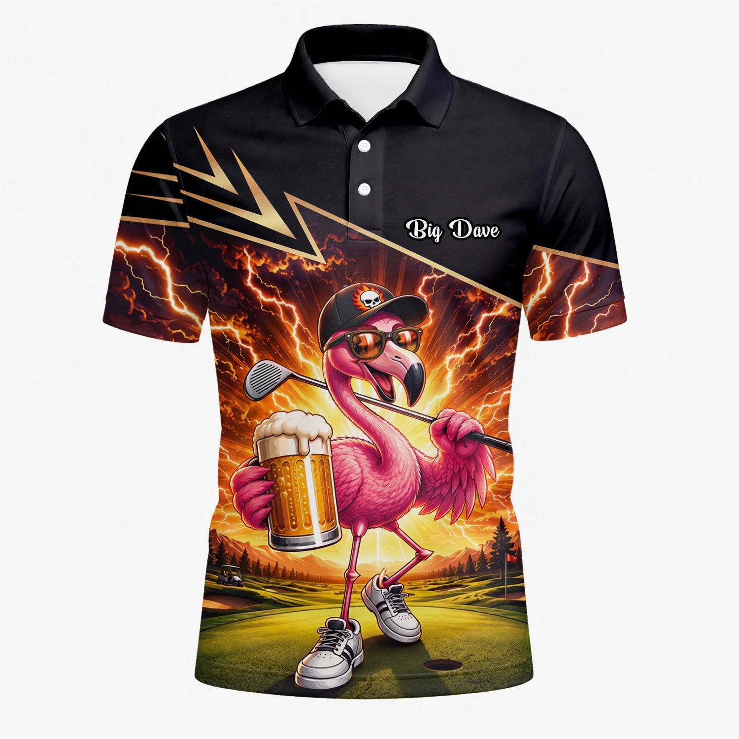 Personalisiertes Golf Poloshirt Schwarz Orange Flamingo Bier Golfer Blitz Design für Herren E3673