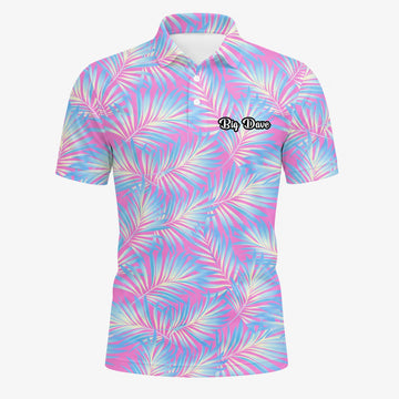 Personalisiertes Golf Poloshirt Rosa Blaues Palmenblätter Design für Herren F1458