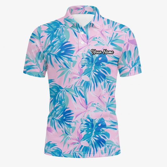 Personalisiertes Golf Poloshirt Rosa Blaues Tropisches Blätter Design für Herren K0497