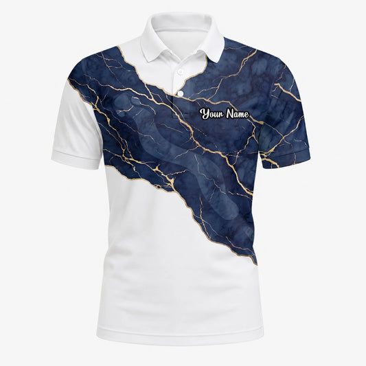 Personalisiertes Golf Poloshirt Weiß Marineblaues Marmor Goldadern Design für Herren B4939