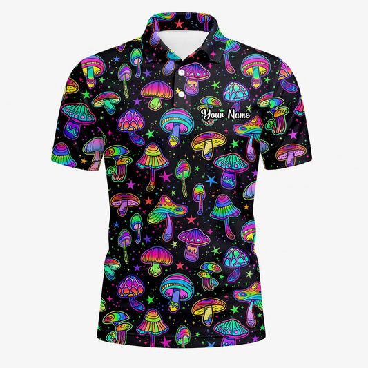 Personalisiertes Golf Poloshirt Schwarz Neon Pilz Psychedelisches Design für Herren L0182