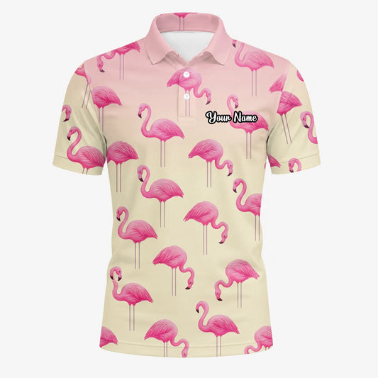 Personalisiertes Golf Poloshirt Creme Rosa Flamingo Design für Herren P5242