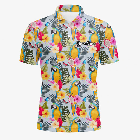 Personalisiertes Golf Poloshirt Creme Gelbes Tropisches Papagei Hibiskus Design für Herren V2558