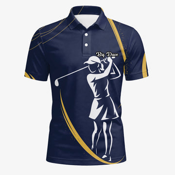 Personalisiertes Golf Poloshirt Marineblau Goldenes Golfer Silhouetten Design für Herren K0906