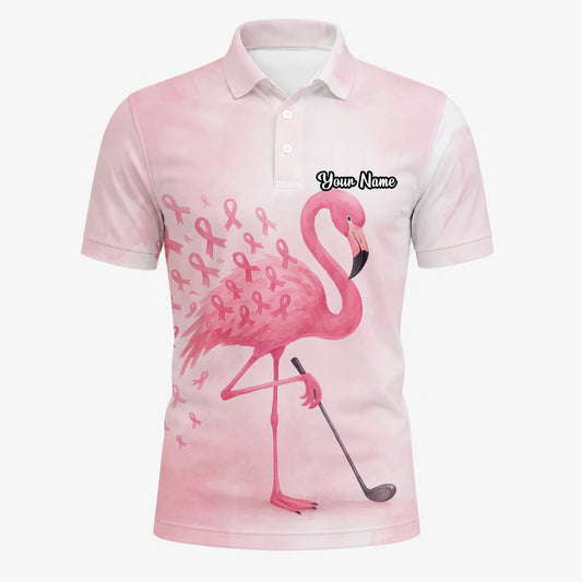 Personalisiertes Golf Poloshirt Rosa Flamingo Golfer Brustkrebs Schleifen Design für Herren R9354