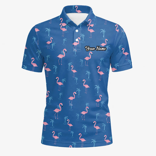 Personalisiertes Golf Poloshirt Blau Rosa Flamingo Palmen Design für Herren C8068