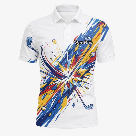 Personalisiertes Golf Poloshirt Weiß Blaues Golf Schwung Grafik Design für Herren B2869