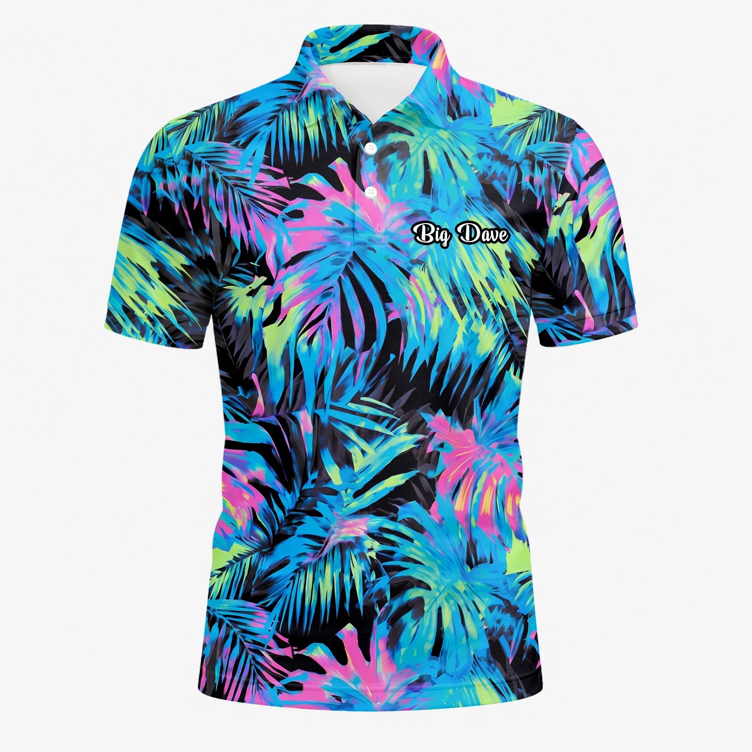 Personalisiertes Golf Poloshirt Schwarz Neon Tropisches Blätter Design für Herren D2207