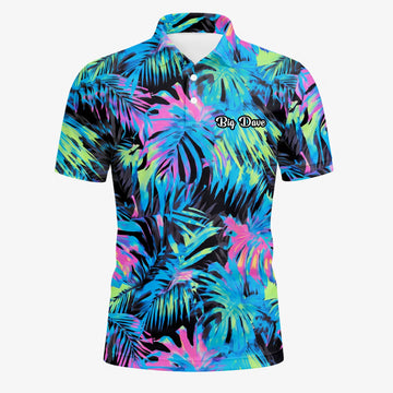 Personalisiertes Golf Poloshirt Schwarz Neon Tropisches Blätter Design für Herren D2207