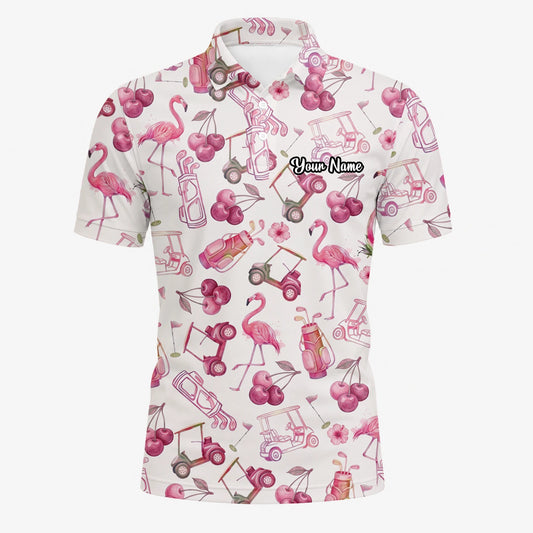 Personalisiertes Golf Poloshirt Creme Rosa Flamingo Golfcart Cocktail Design für Herren T9296