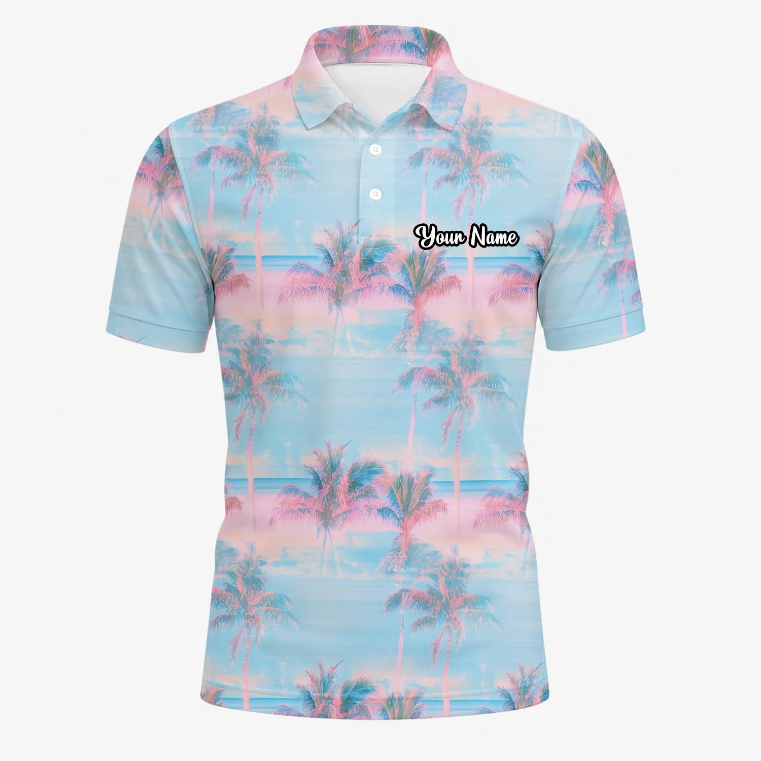 Personalisiertes Golf Poloshirt Pastellblau Rosa Palmen Sonnenuntergang Design für Herren G4431