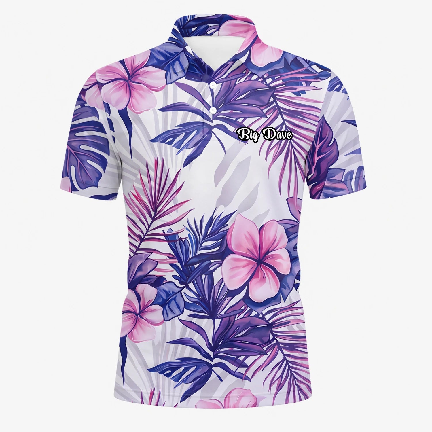 Personalisiertes Golf Poloshirt Weiß Lila Tropisches Hibiskus Blätter Design für Herren H1054