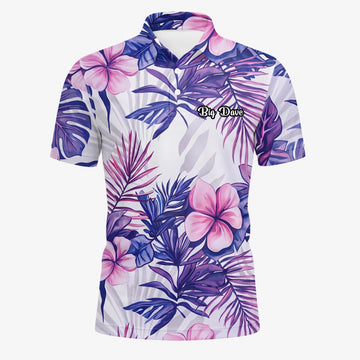 Personalisiertes Golf Poloshirt Weiß Lila Tropisches Hibiskus Blätter Design für Herren H1054