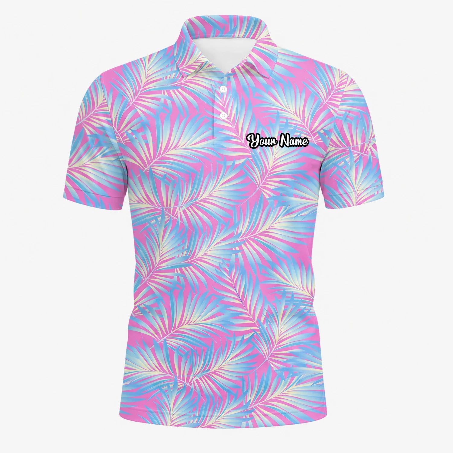 Personalisiertes Golf Poloshirt Rosa Blaues Palmenblätter Design für Herren F1458