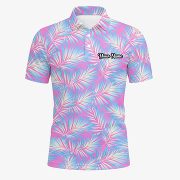 Personalisiertes Golf Poloshirt Rosa Blaues Palmenblätter Design für Herren F1458