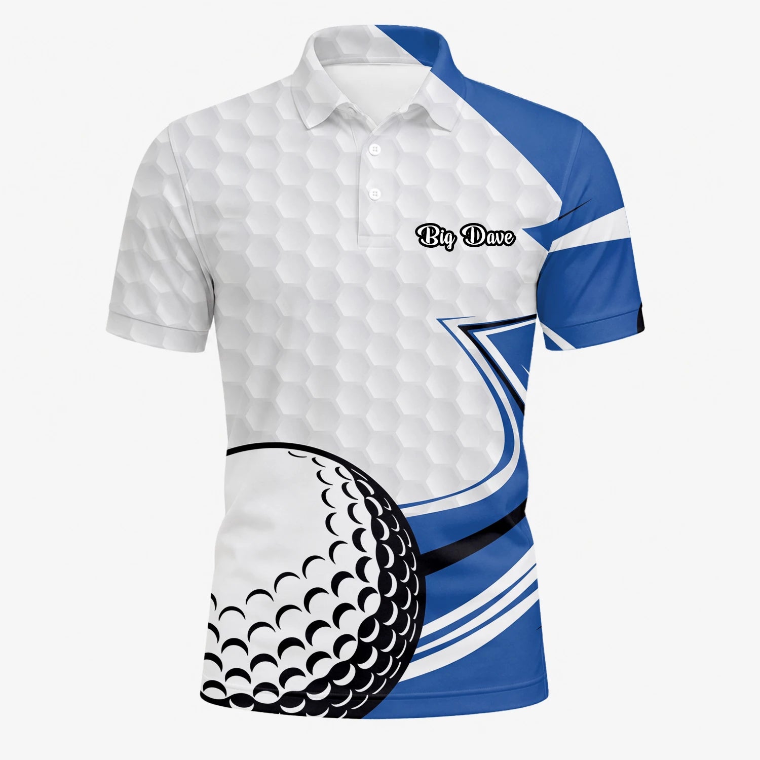 Personalisiertes Golf Poloshirt Weiß Blaues Golfball Waben Design für Herren S7973