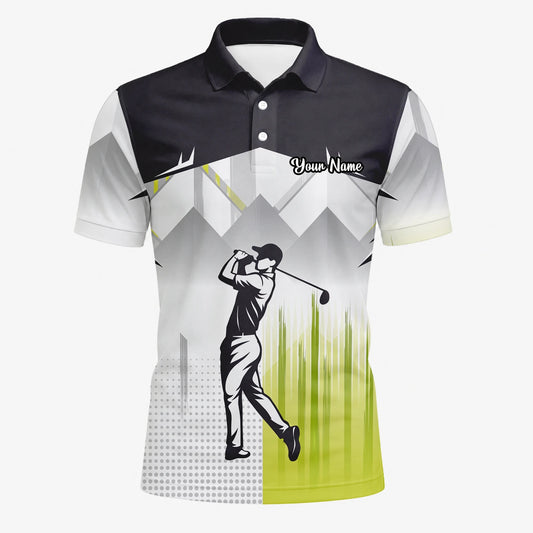 Personalisiertes Golf Poloshirt Schwarz Grau Limettengrünes Golfer Silhouetten Design für Herren F4552