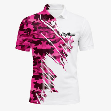 Personalisiertes Golf Poloshirt Weiß Rosa Camo Pinselstrich Design für Herren S6501