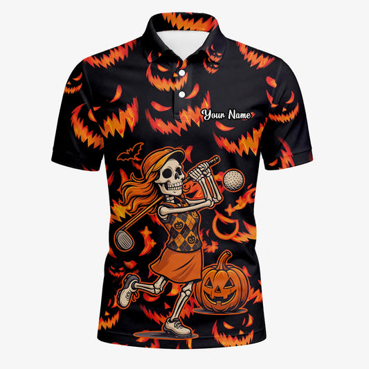 Personalisiertes Golf Poloshirt Schwarz Oranges Halloween Skelett Golfer Kürbis Design für Herren N7108