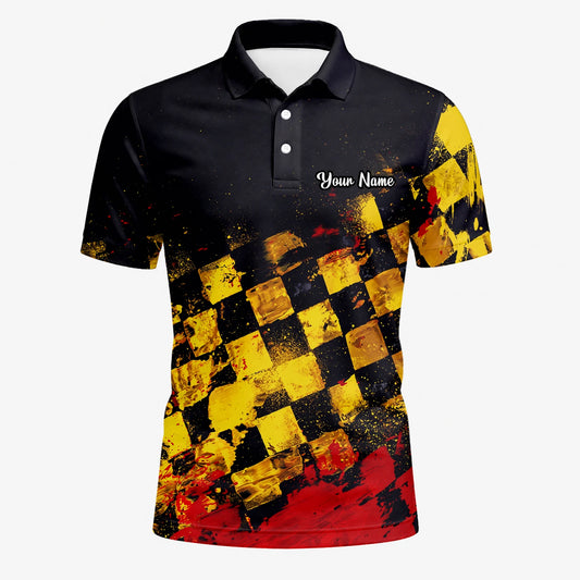 Personalisiertes Golf Poloshirt Schwarz Gelb Rotes Grunge Schachbrett Design für Herren R0396