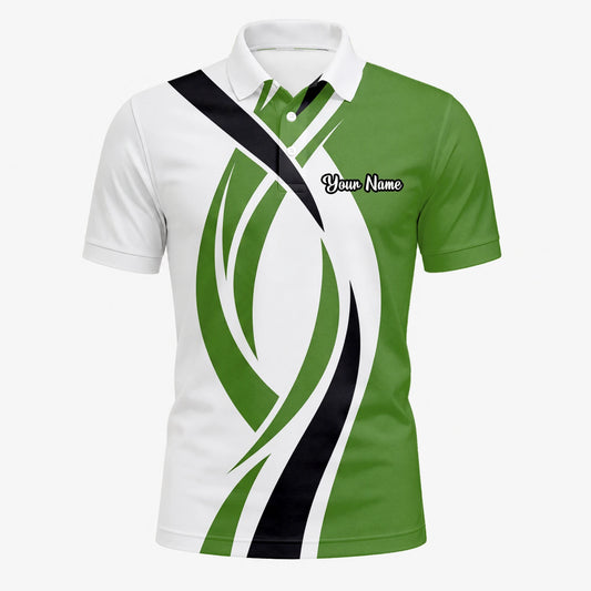 Personalisiertes Golf Poloshirt Weiß Grün Schwarzes Abstraktes Wellen Design für Herren P7352