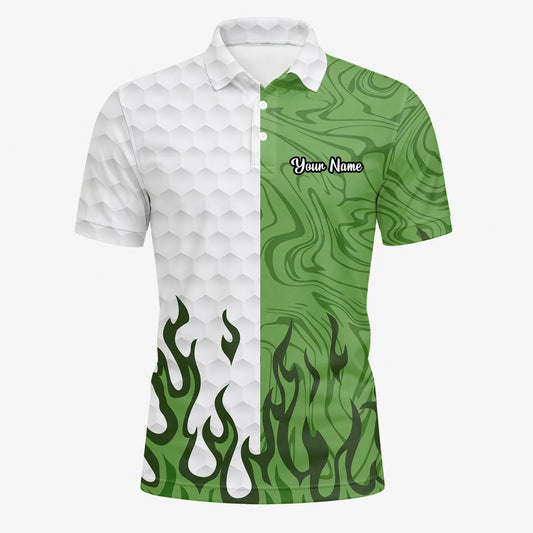Personalisiertes Golf Poloshirt Weiß Grünes Flammen Marmor Design für Herren D2353
