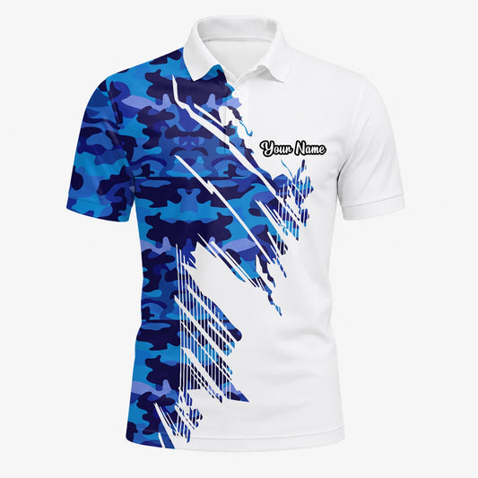 Personalisiertes Golf Poloshirt Weiß Blaues Camo Pinselstrich Design für Herren M3845
