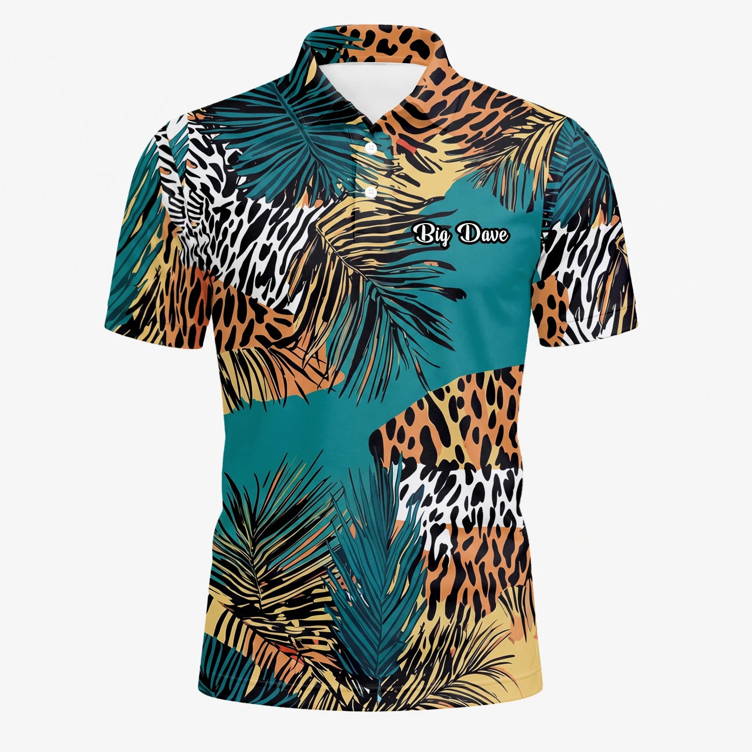 Personalisiertes Golf Poloshirt Türkis Orange Tropisches Palmen Animal Print Design für Herren A7122