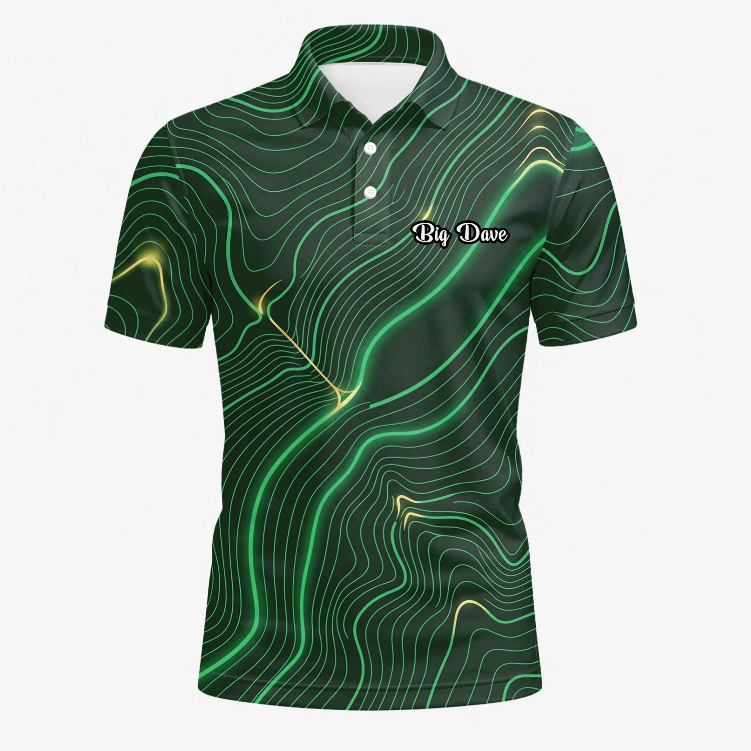 Personalisiertes Golf Poloshirt Grün Schwarzes Topografisches Linien Design für Herren E4992