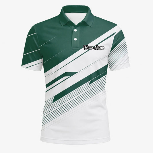 Personalisiertes Golf Poloshirt Grün Weißes Abstraktes Streifen Design für Herren E5041