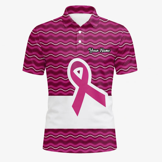 Personalisiertes Golf Poloshirt Rosa Brustkrebs Awareness Schleifen Wellen Design für Herren B1640