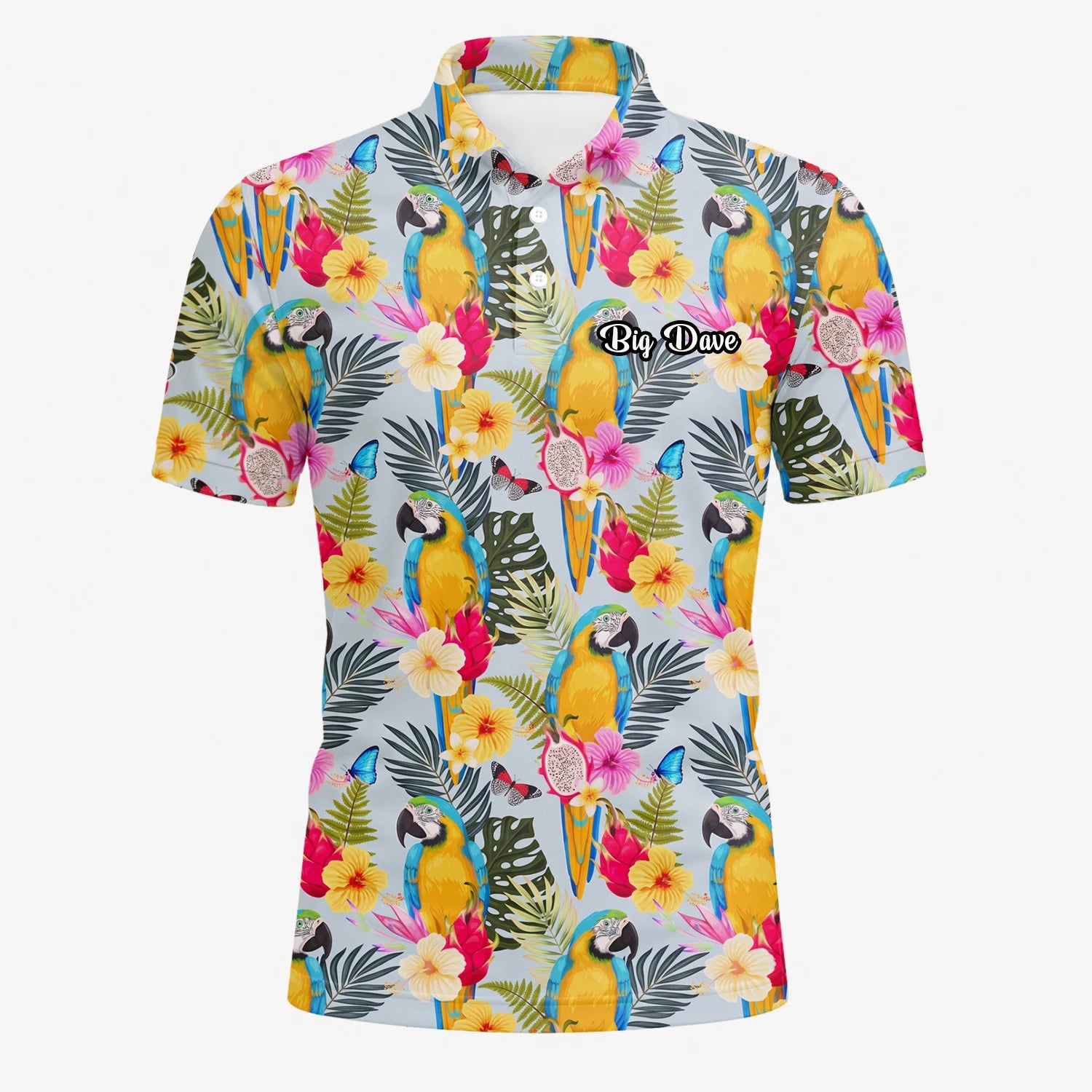 Personalisiertes Golf Poloshirt Creme Gelbes Tropisches Papagei Hibiskus Design für Herren V2558