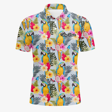 Personalisiertes Golf Poloshirt Creme Gelbes Tropisches Papagei Hibiskus Design für Herren V2558
