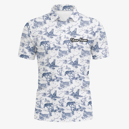 Personalisiertes Golf Poloshirt Weiß Blaues Dinosaurier Toile Design für Herren Q4771