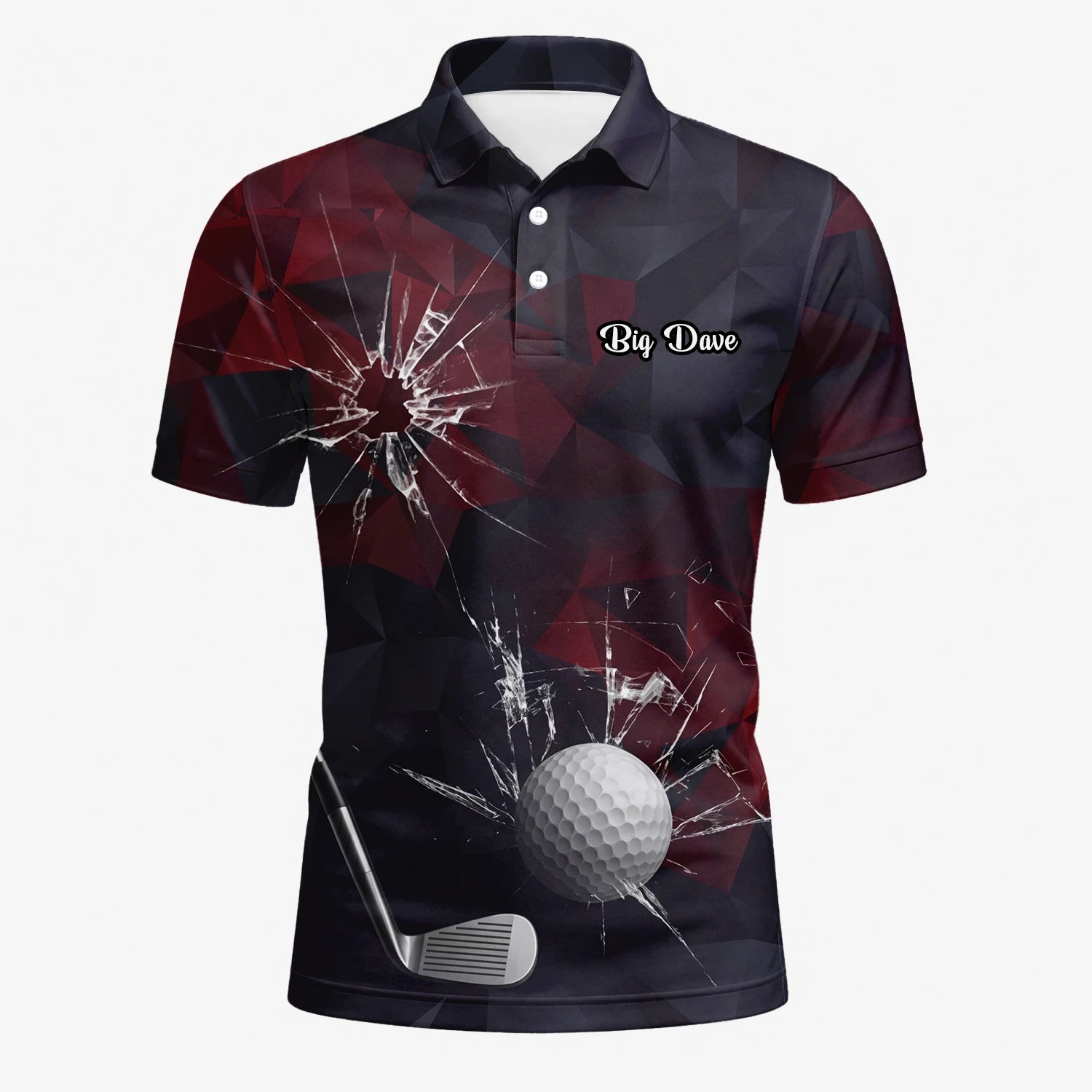 Personalisiertes Golf Poloshirt Schwarz Bordeaux Golfball Glassplitter Design für Herren R4354