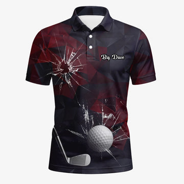Personalisiertes Golf Poloshirt Schwarz Bordeaux Golfball Glassplitter Design für Herren R4354