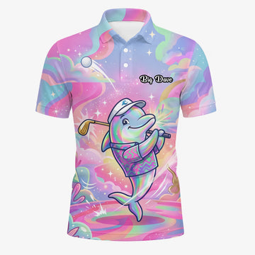 Personalisiertes Golf Poloshirt Pastell Regenbogen Delfin Golfer Cartoon Design für Herren L3862