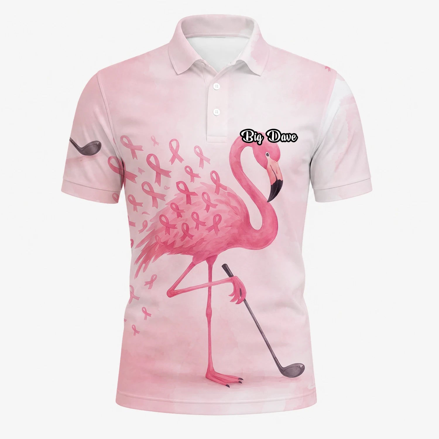 Personalisiertes Golf Poloshirt Rosa Flamingo Golfer Brustkrebs Schleifen Design für Herren R9354