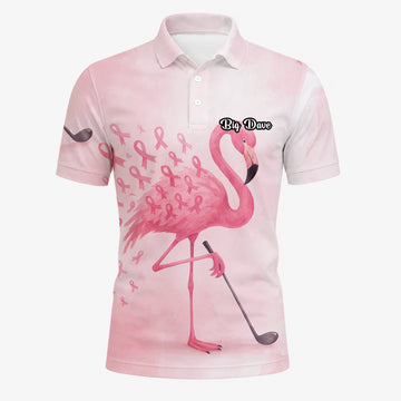 Personalisiertes Golf Poloshirt Rosa Flamingo Golfer Brustkrebs Schleifen Design für Herren R9354