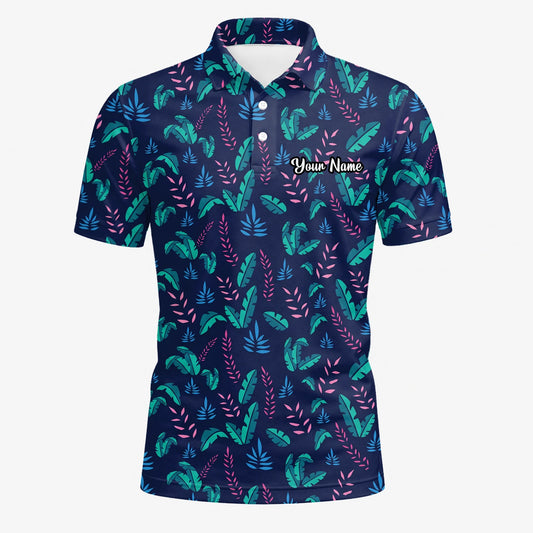 Personalisiertes Golf Poloshirt Marineblau Türkis Tropisches Blätter Design für Herren S8145