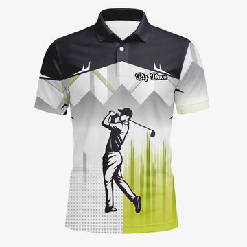 Personalisiertes Golf Poloshirt Schwarz Grau Limettengrünes Golfer Silhouetten Design für Herren F4552