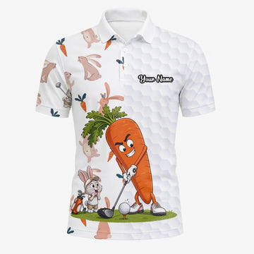 Personalisiertes Golf Poloshirt Weiß Karotten Hase Golfer Cartoon Design für Herren Y6359
