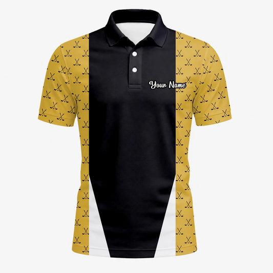 Personalisiertes Golf Poloshirt in Schwarz-Gold mit Golfschläger-Muster und Streifen für Herren B5489
