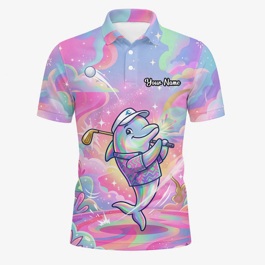 Personalisiertes Golf Poloshirt Pastell Regenbogen Delfin Golfer Cartoon Design für Herren L3862