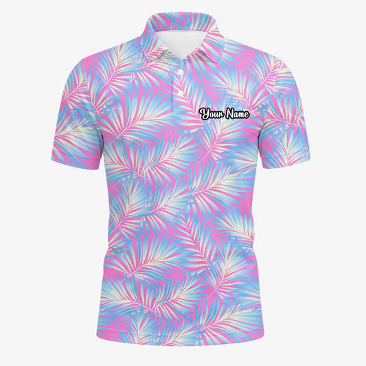 Personalisiertes Golf Poloshirt Rosa Blaues Palmenblätter Design für Herren F1458