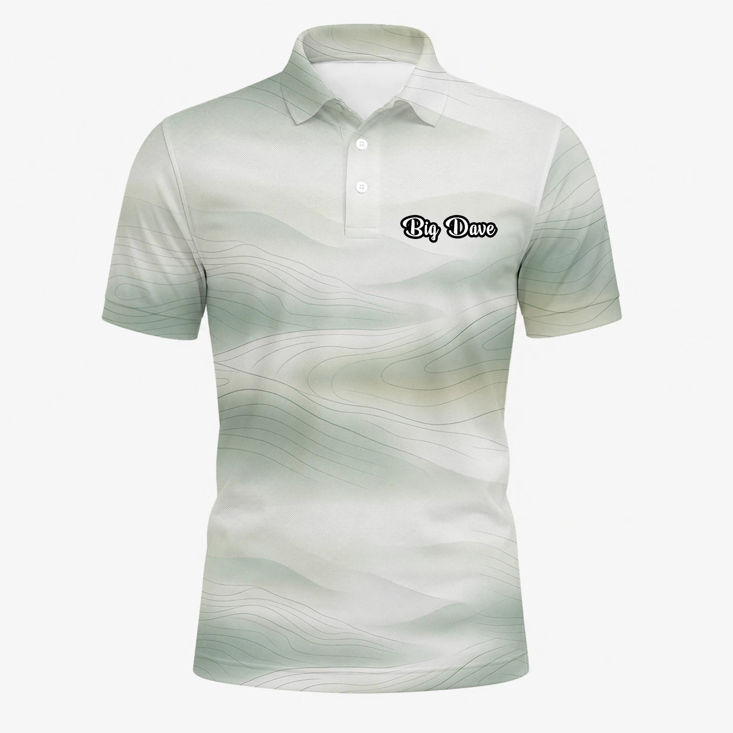 Personalisiertes Golf Poloshirt Weiß Salbeigrünes Abstraktes Wellen Design für Herren F8070