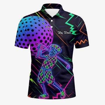 Personalisiertes Golf Poloshirt Schwarz Neon Golfer Wireframe Design für Herren L1481