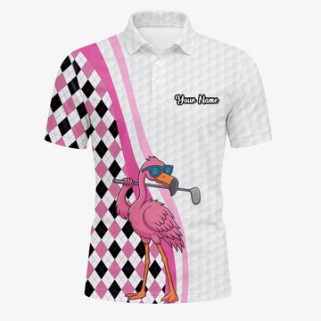 Personalisiertes Golf Poloshirt in Weiß-Rosa mit Flamingo-Golfer und Rautenmuster für Herren G3697
