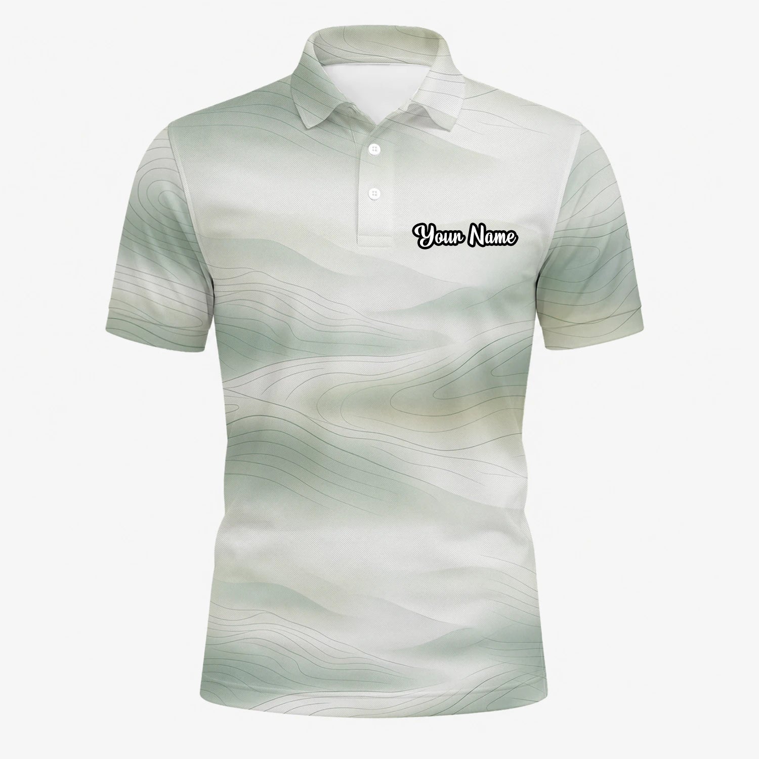 Personalisiertes Golf Poloshirt Weiß Salbeigrünes Abstraktes Wellen Design für Herren F8070