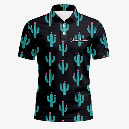 Personalisiertes Golf Poloshirt Schwarz Türkis Kaktus Herz Design für Herren L0709
